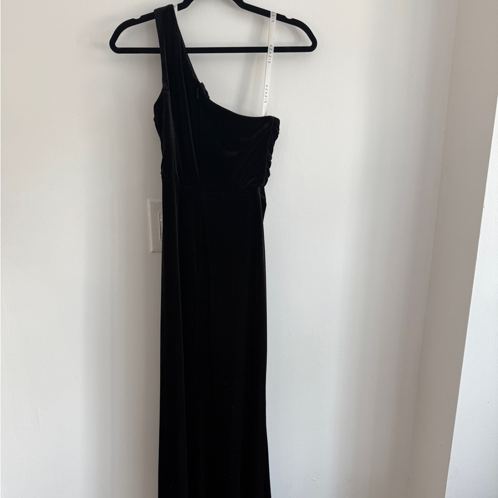 Azazie Black Mermaid One Shoulder Pleated Velvet Dress - Picture 6 of 7